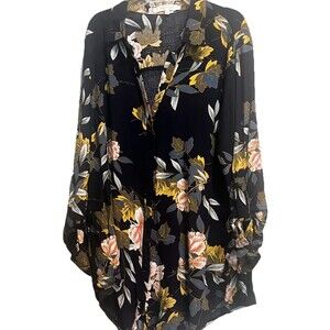 Eden & Olivia Women’s L Navy Background Leaf Print Tie Waist Long Tab Sleeve